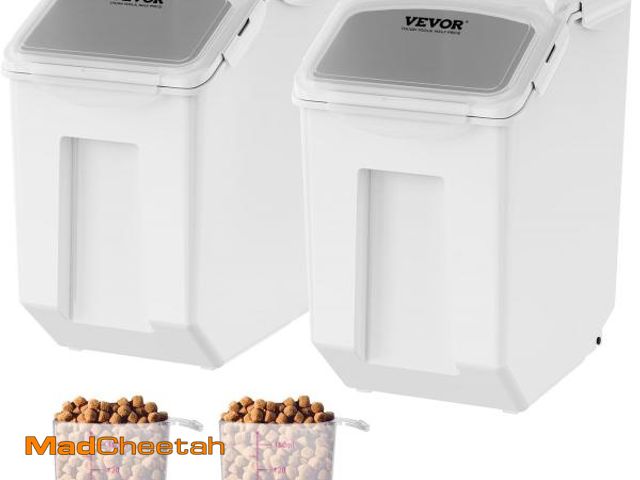 Lot 74-12137352 - VEVOR Ingredient Storage Bin, 2 x 15L Dispenser Bin with 2 Measuring Cups, Attachable Casters and Ai...