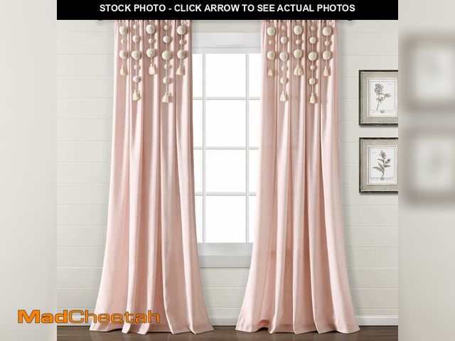 Lot 74-12633193 - Lush Decor Boho Pom Pom Tassel Linen Textured Window Curtain Panel, Single 52" W x 95" L Blush - - U...