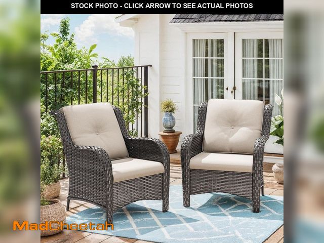 Lot 74-14254463 - Ergonomic Arm 2-Piece Patio Wicker Outdoor Lounge Chair with Thick Beige Cushions - UNUSED