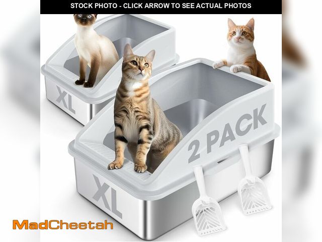 Lot 74-13041118 - (BROKEN CORNER) AIPERRO 2 Pack Stainless Steel Litter Box | XL Enclosed Cat Litter Boxes with Lid fo...