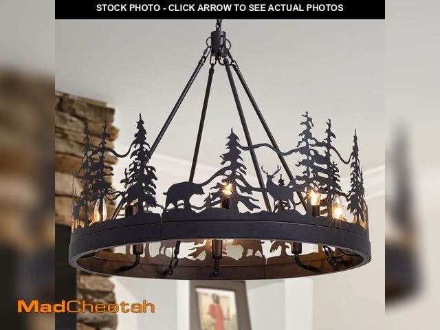 Lot 74-12810124 - Tinkoso 8-Light Black Wagon Wheel Chandelier,30-inch Farmhouse Black Chandelier Rustic Candle Pendan...