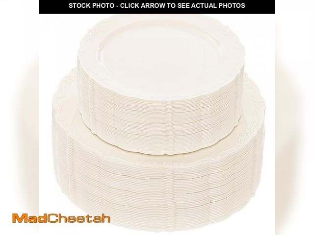 Lot 74-12314616 - U-QE 100 Pieces Ivory Plastic Plates for Party - Ivory Disposable Plastic Plates - Heavy Duty Dispos...