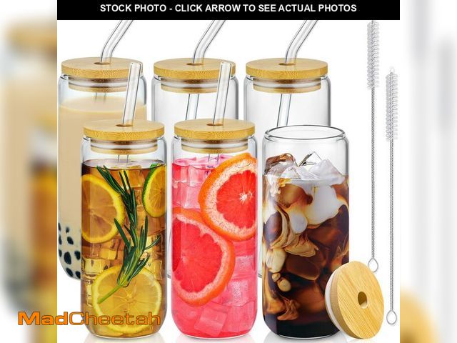 Lot 74-12442106 - SENTVEND 20 Oz Drinking Glasses with Bamboo Lids and Glass Straw - 6 Pcs Glass Cups Beer Ice Coffee ...