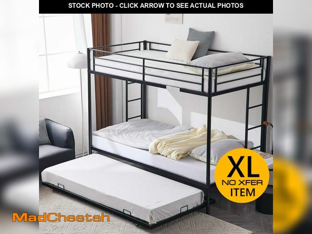 Lot 74-12891863 - Zimtown Twin over Twin Bunk Bed with Trundle, Heavy Duty Metal Bed Frame with Safety Rail Side Ladde...