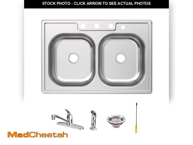 Lot 74-14231963 - Glacier Bay 33 in. Drop-In 50/50 Double Bowl 20 Gauge Stainless Steel Kitchen Sink with Faucet - UNU...