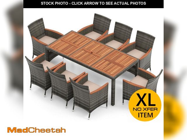 Lot 74-12464993 - Gymax 9-Piece Wicker Outdoor Dining Set with Cushion Beige Patio Acacia Wood and Rattan Furniture Se...