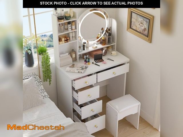 Lot 74-12869724 - FUFU&amp;GAGA 5-Drawers White Wood Makeup Vanity Set Dressing Desk W/ Stool, LED Round Mirror and St...