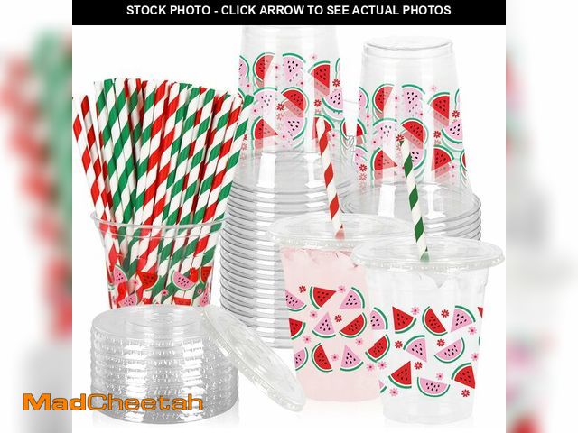 Lot 74-12333570 - Whaline 50Pcs Watermelon Plastic Cups with Lids and Straws Red Pink Watermelon Flower Clear Plastic ...