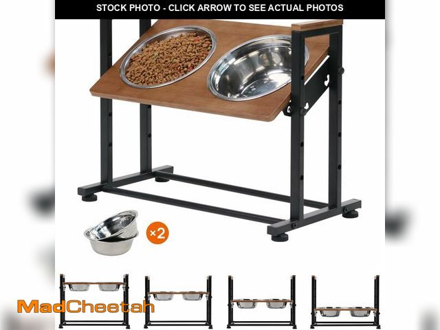 Lot 74-14304564 - Adjustable Height Pet Feeder Stand with 2 Dishwasher-Safe Stainless Steel Bowls - Brown Wood Top &am...
