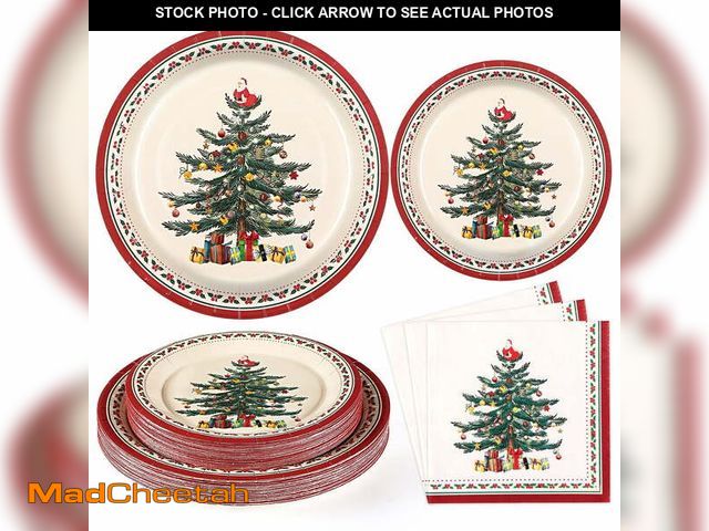 Lot 74-12888974 - Waipfaru 200 PCS Christmas Tree Paper Plates and Napkins Christmas Party Supplies Disposable Dinnerw...