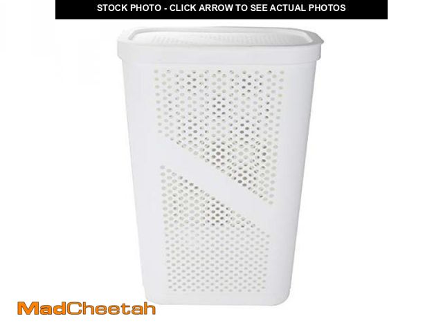 Lot 74-12398171 - Mind Reader Slim Laundry Hamper with Lid, 60L Clothes Basket, Ventilated Plastic, White - UNUSED