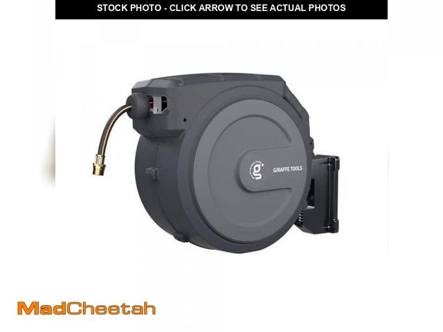 Lot 74-12085412 - Giraffe Tools Garden Retractable Hose Reel-5/8 in.-90 ft., Metal Bracket, Wall Mounted, Dark Grey - ...