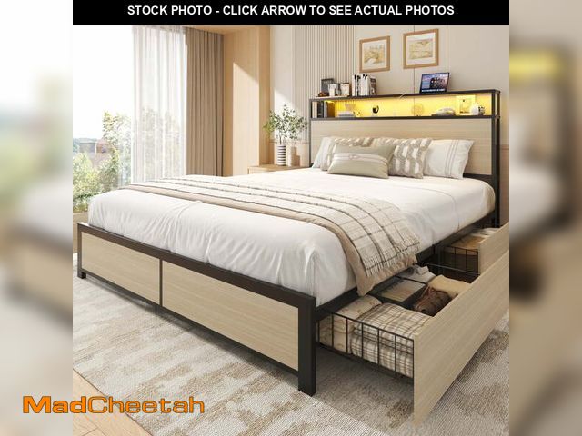 Lot 74-13509734 - Queen Bed Frame with 2-Tier Headboard, Metal Support, USB Port &amp; LED Light, 4 Storage Drawers, B...