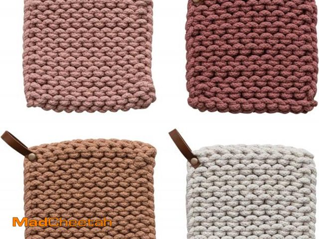 Lot 74-12097997 - 8 Inches Square Solid Color Cotton Crocheted Pot Holder with Leather Loop Handle for Cooking, Multic...