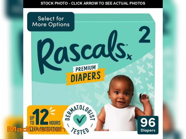 Lot 74-12556063 - Rascals Premium Absorbent Baby Diapers Size 2, 96 Count, with 5 Sensitive Infant Wipes - UNUSED