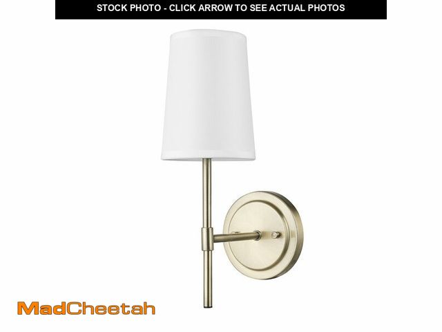 Lot 74-13569565 - Globe Electric 51861 Clarissa 1-Light Wall Sconce, Matte Brass, White Fabric Shade, Bulb Not Include...