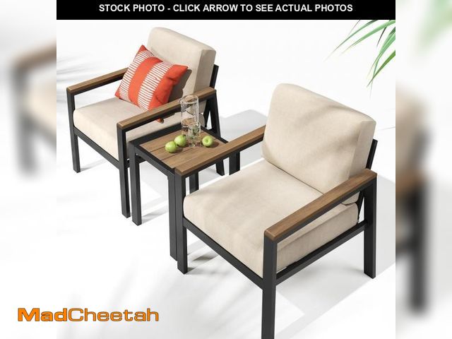 Lot 74-12251811 - Zinus Dillon Black 3-Piece Aluminum and Poly Lumber Outdoor Bistro Chat Set with Beige Cushions - UN...