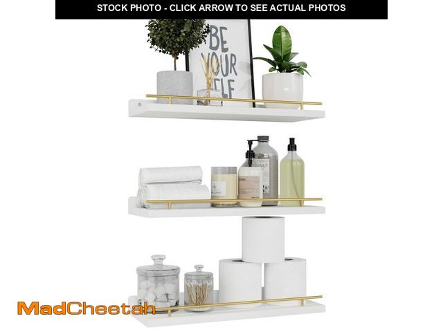 Lot 74-14215308 - WOPITUES Floating Shelves with Gold Metal Guardrail, Shelves for Wall Decor Set of 3, Wall Shelves f...