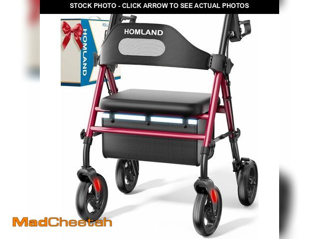 Lot 74-12695628 - HOMLAND Foldable Rollator Walkers with Seat for Seniors, 8'' Big Wheels, 350 lb. Weight Capacity, Ad...