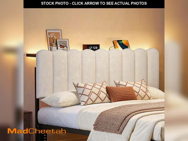 Lot 74-14438492 - Pinmoco Queen Upholstered Headboard with Storage, LED Lights and Charging Station, Beige Striped Cor...