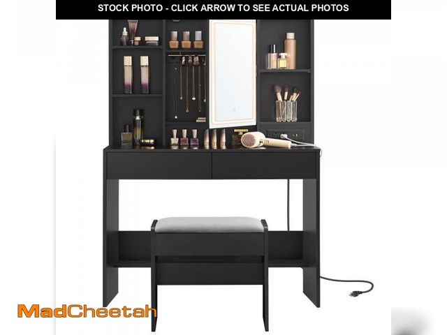 Lot 74-12106255 - VASAGLE Vanity Desk with Power Outlets, Makeup Vanity with Mirror and Lights, Upholstered Vanity Sto...