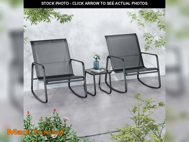 Lot 74-14354162 - Ainfox Patio Bistro Sets 3 Piece Steel Outdoor Bistro Sets with 2 Rocking Chairs and Glass Coffee Ta...