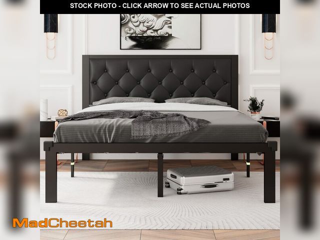 Lot 74-12689212 - Feonase Queen Size Metal Bed Frame with Faux Leather Button Tufted Headboard, Heavy-Duty Platform Be...