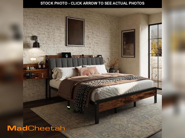 Lot 74-12130133 - Einhomn King Size Metal Bed Frame with 2-Tier Hidden Storage, Upholstered Platform Beds with Chargin...