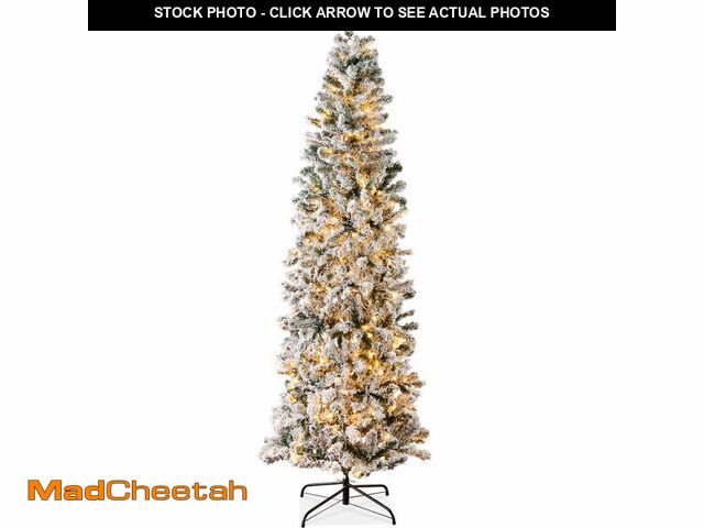 Lot 74-12767935 - Best Choice Products 6ft Pre-Lit Artificial Snow Flocked Pencil Christmas Tree Holiday Decoration w/...