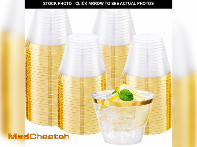 Lot 74-13950782 - I00000 Heavy Duty Plastic Cups, 9 oz, Gold Rimmed, Clear, 100 Count, BPA Free, Disposable, for Party...