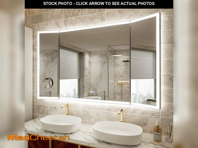 Lot 74-13611224 - WELLFOR 60 in. W x 36 in. H Rectangular Framed Tri-Fold LED Dimmable Defog Wall Bathroom Vanity Mirr...