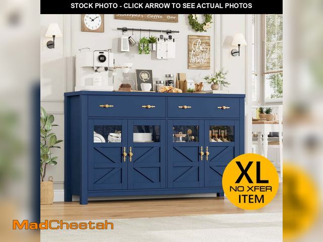 Lot 74-13682894 - Homfa Farmhouse 55.1"W Kitchen Buffet Cabinet with Storage Drawer &amp; Adjustable Shelf, Glass Door...