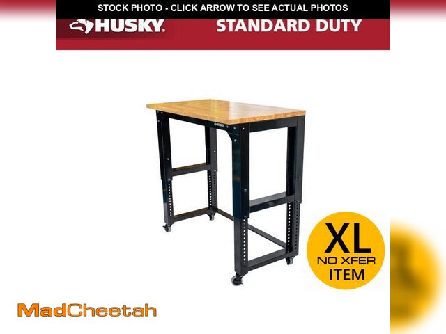 Lot 74-14256257 - Husky 46 in. W x 24 in. Deep Adjustable Height Work Table with Solid Wood Top, Gloss Black - UNUSED