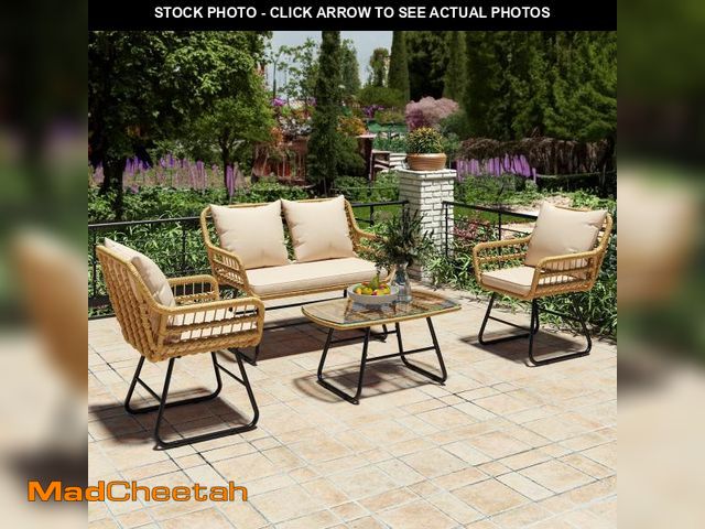 Lot 74-12164152 - Dextrus Wicker Rattan Outdoor Bistro Set 4-Piece with Items Included, Light Brown / Beige - UNUSED
