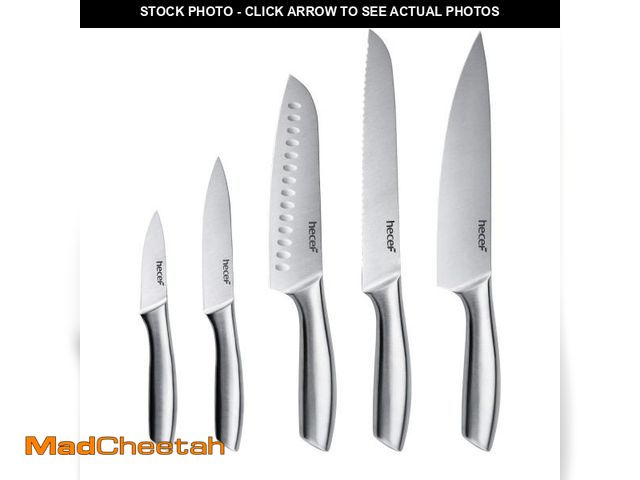 Lot 74-11551032 - hecef Silver Kitchen knife set of 5, Satin Finish Blade with Hollow Handle, includes 8" Chef, 8" Bre...