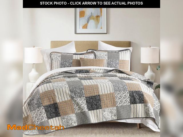 Lot 74-12486723 - DDUOXIN Brown Queen Size Quilts - 100% Cotton Queen Size Quilt Set, Floral Brown Gray Patchwork Plai...