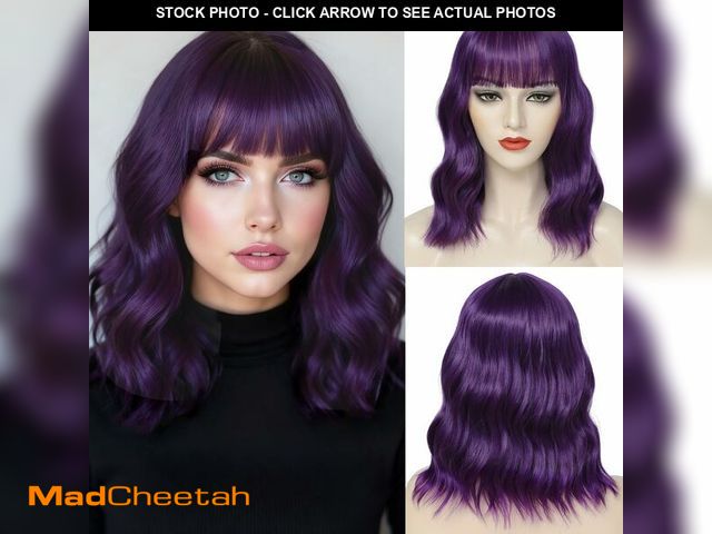 Lot 74-14474690 - Dark Purple Wig with Bangs 14 Inch Short Wavy Synthetic Bob Wigs for Women - UNUSED