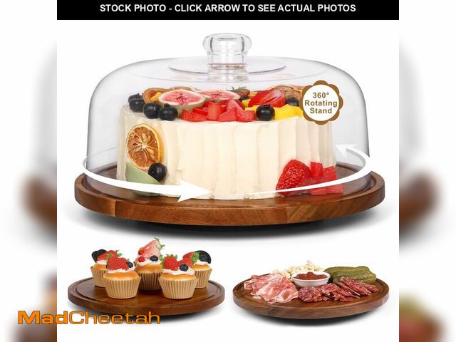 Lot 74-12709838 - Bellsal Cake Stand with Dome Lid, 12in Acacia Wood Cake Plate with Cover, Wooden Cake Display Stand ...