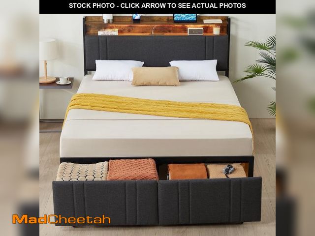 Lot 74-12403014 - LED Queen Size Bed Frame with Storage Headboard &amp; 2 Drawers,Heavy Duty Metal Bed base Upholstere...