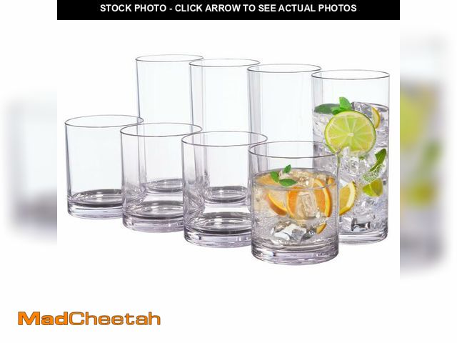 Lot 74-14303410 - US Acrylic Classic Clear Plastic Reusable Drinking Glasses (Set of 8) 12oz Rocks &amp; 16oz Water Cu...