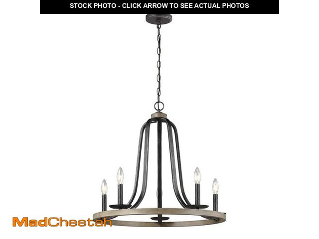 Lot 74-14275752 - Generation Lighting Conal 5-Light Weathered Gray Wagon Wheel Rustic Farmhouse Bell Candlestick Chand...
