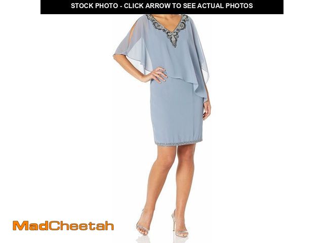 Lot 74-12719985 - J Kara Women's V Neck Capelet Short Cocktail Floral Beaded Dress, Dusty Blue Multi, 10 - UNUSED