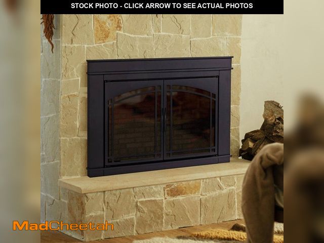 Lot 74-12584922 - Pleasant Hearth Fenwick Small Black Glass Fireplace Doors - UNUSED