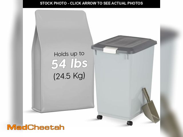 Lot 74-12695654 - IRIS USA Dog Food Storage Container with Wheels, Airtight Lid, 2-Cup Scoop, Up to 54 Pounds Pet Food...