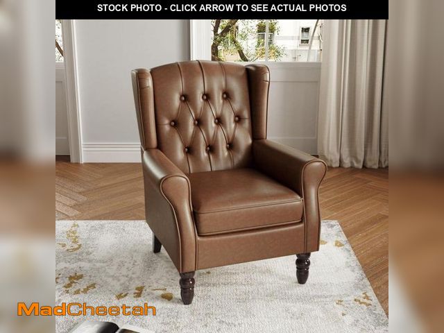 Lot 74-12251742 - Uixe Modern Brown PU Leather Upholstered Button High Back Accent Arm Chair With Wood Legs(Set of 1) ...