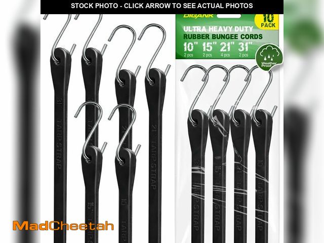 Lot 74-13541124 - Bungee Cords with Hooks (10 Pack) Heavy Duty Outdoor Rubber Tarp Straps in 10", 15", 21", 31" Sizes,...