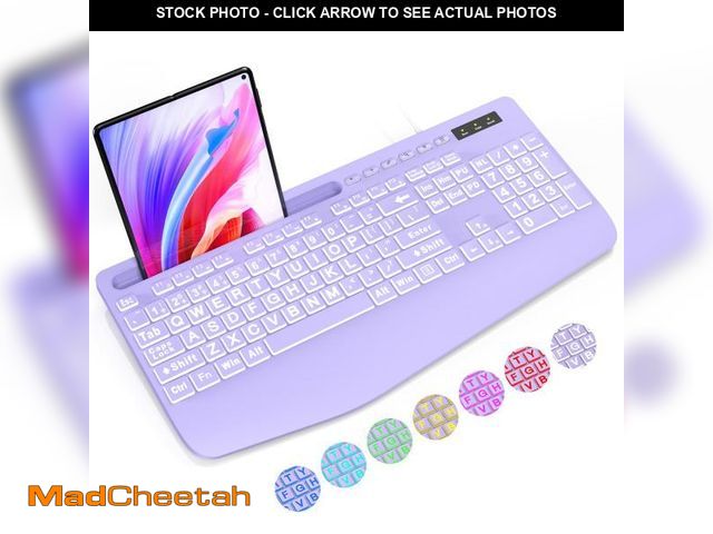 Lot 74-12220360 - SABLUTE Large Print Backlit Computer Keyboards, Wired Lighted USB Keyboards with 7-Color Backlit, Wr...