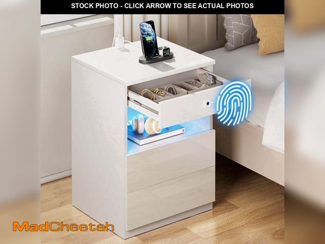 Lot 74-13817333 - Hommpa Biometric Fingerprint Lock Nightstand with Charging Station, White Smart LED Bedside Table wi...