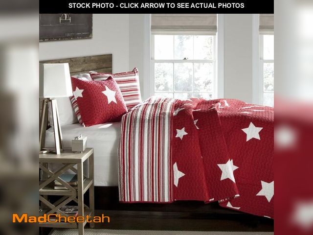 Lot 74-12974789 - Lush Decor Star Quilt - Reversible 2 Piece Pattern Striped Bedding Set with Pillow Sham - Twin - Red...