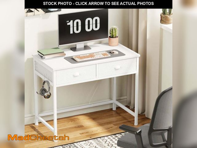 Lot 74-12833364 - Satifur White Writing Desk with Drawers &amp; Hooks, 34" Computer Desk with 2 Fabric Drawers - UNUSE...